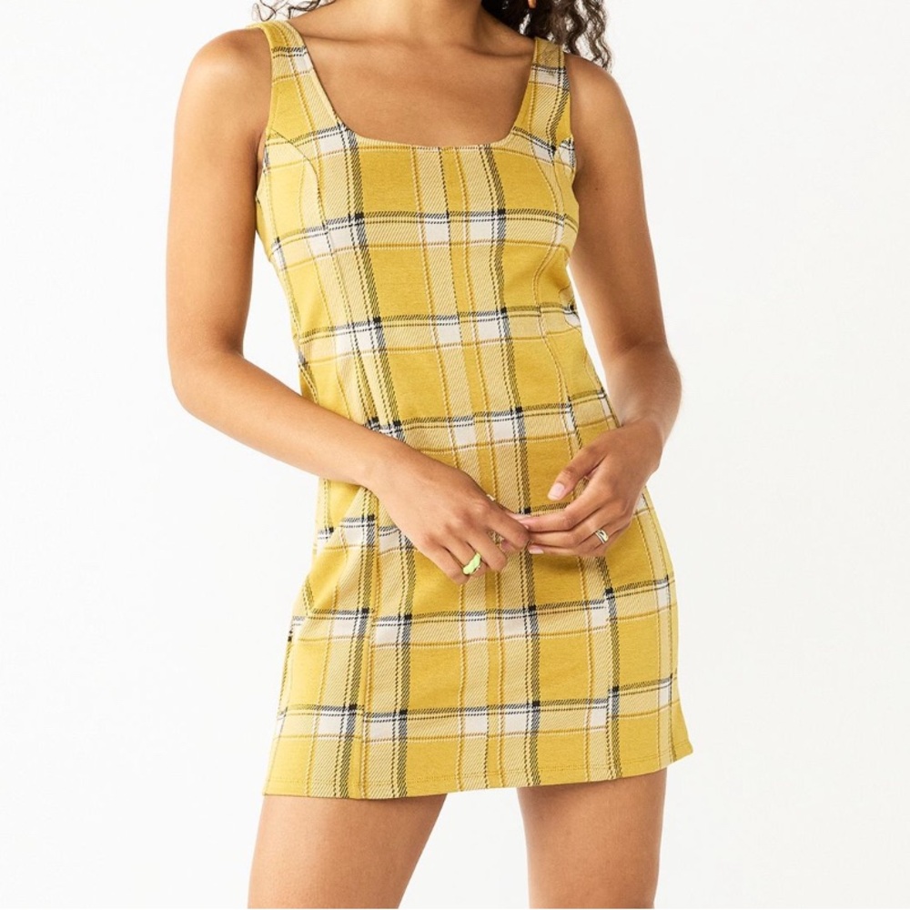 SO Mustard and Black Plaid Pinafore Dress